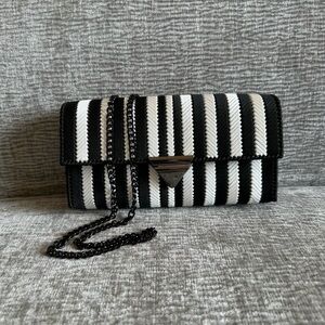 Handmade Black & White Striped Woven Clutch Bag with Chain